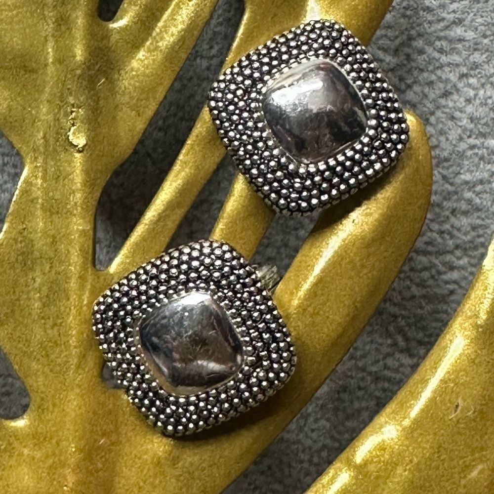 Signed Monet Square Clip on Earrings Triple Dipped in Silver